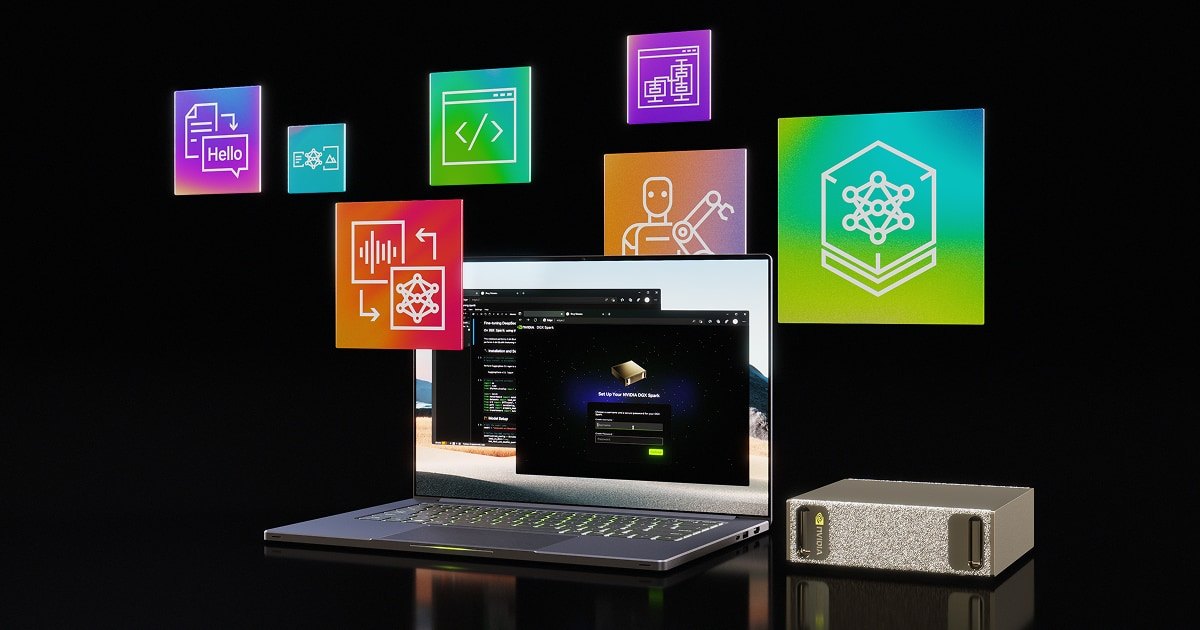 Компактная система NVIDIA DGX Spark рядом с ноутбуком